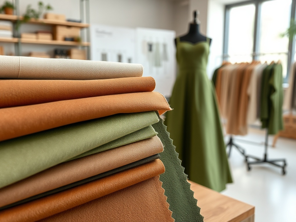 Stivă de țesături colorate, cu o rochie verde în fundal, într-un atelier de modă luminos.