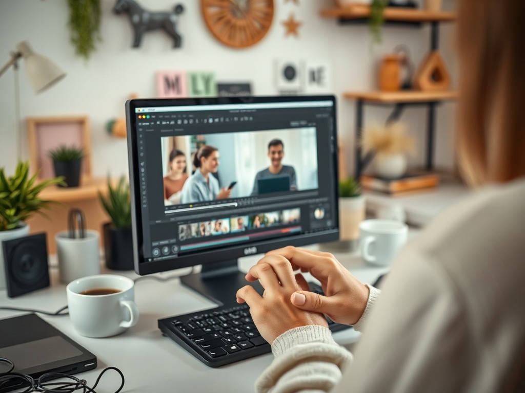O persoană își editează un video pe computer, cu plante și obiecte decorative în fundal, și o cană de cafea pe birou.