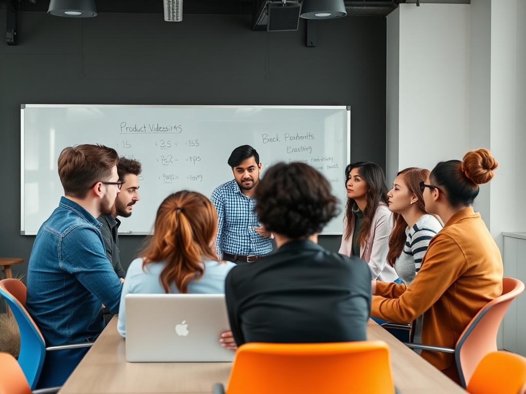 Un grup de oameni participă la o întâlnire de brainstorming într-o sală de conferințe.