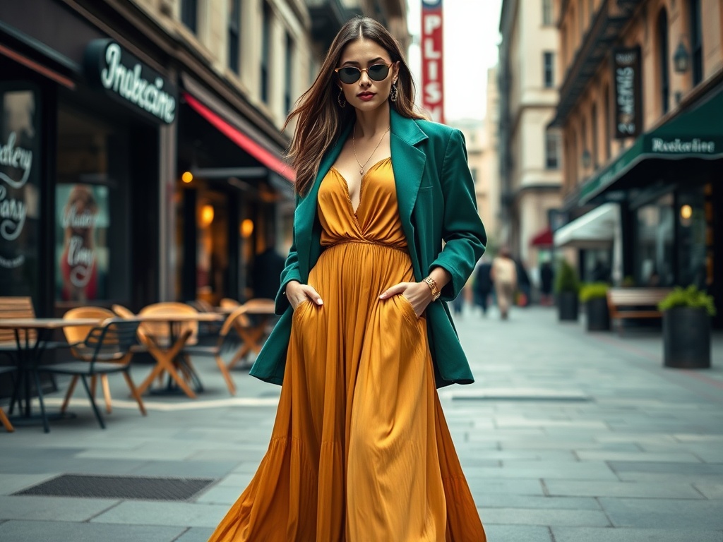 O femeie elegantă poartă o rochie galbenă și un sacou verde, stând pe o stradă de oraș cu mese și scaune.